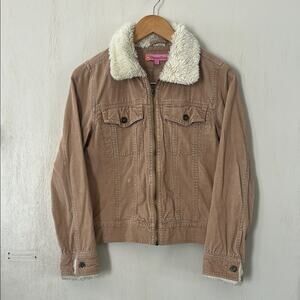 Gasoline VTG Y2K Beige Corduroy Light jacket faux fur collar youth Fit Medium